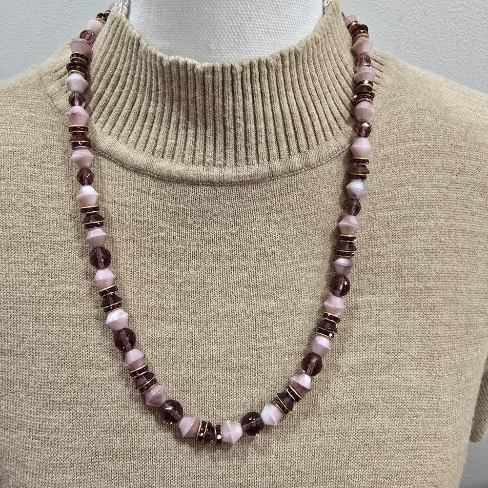 Purple Bicone Glass Beaded 26" Necklace Rondelle Spacers Rhinestone